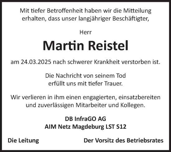 Traueranzeige von Martin Reistel von Volksstimme Oschersleben/Wanzleben