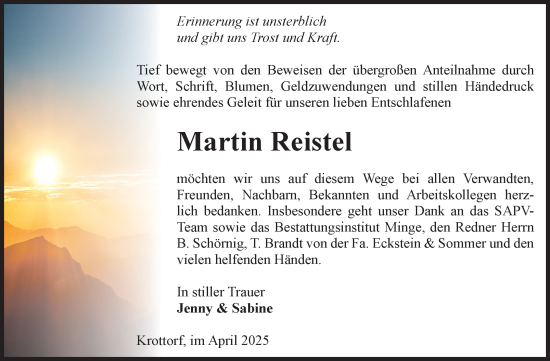 Traueranzeige von Martin Reistel von Volksstimme Oschersleben/Wanzleben