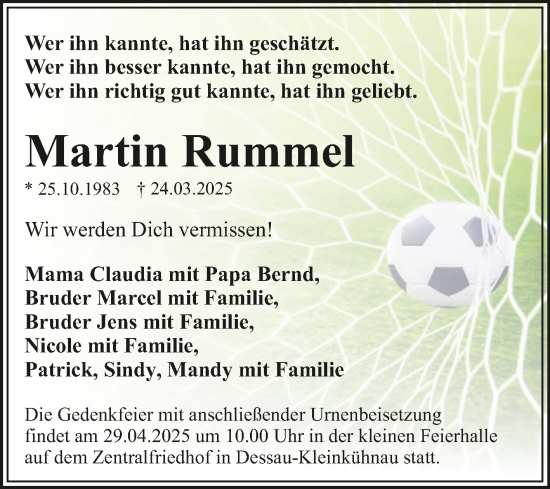 Traueranzeige von Martin Rummel von Trauerkombi Dessau