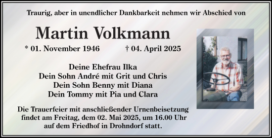 Traueranzeige von Martin Volkmann von Trauerkombi Aschersleben