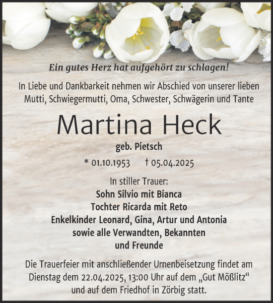 Traueranzeige von Martina Heck von Trauerkombi Bitterfeld