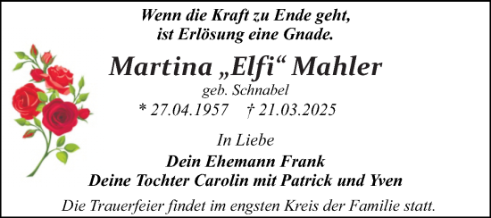 Traueranzeige von Martina Mahler von Trauerkombi Dessau