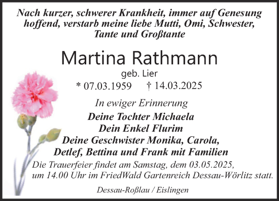 Traueranzeige von Martina Rathmann von Trauerkombi Dessau