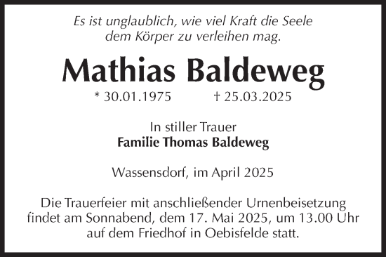 Traueranzeige von Mathias Baldeweg von Volksstimme Altmark West