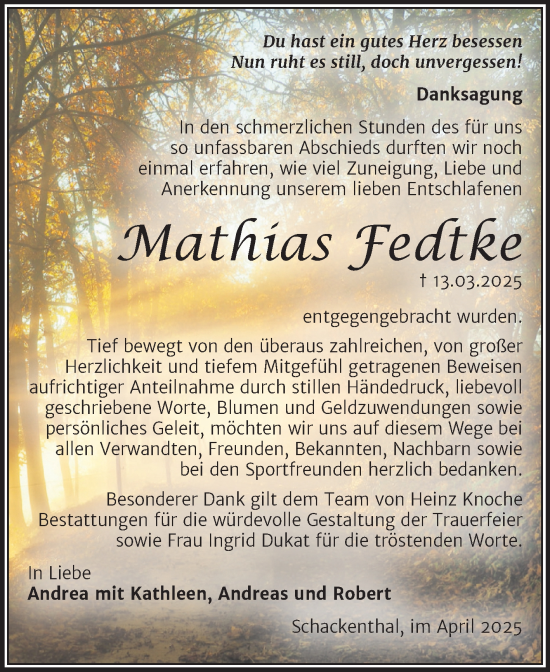 Traueranzeige von Mathias Fedtke von Trauerkombi Aschersleben