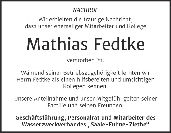 Traueranzeige von Mathias Fedtke von Super Sonntag Aschersleben