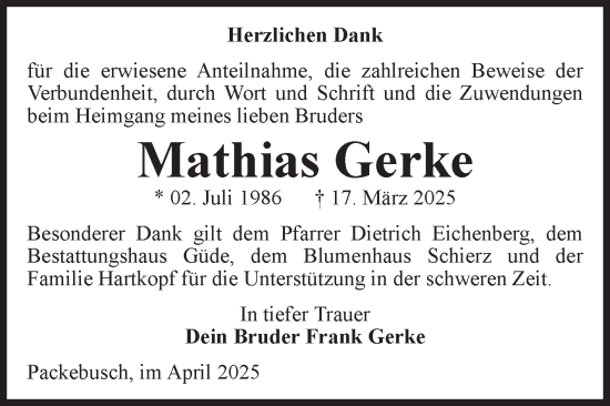 Traueranzeige von Mathias Gerke von Volksstimme Altmark West