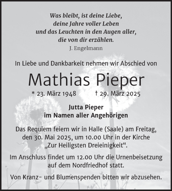 Traueranzeige von Mathias Pieper von Mitteldeutsche Zeitung Halle/Saalkreis