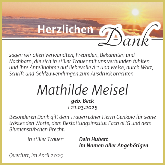 Traueranzeige von Mathilde Meisel von Trauerkombi Merseburg