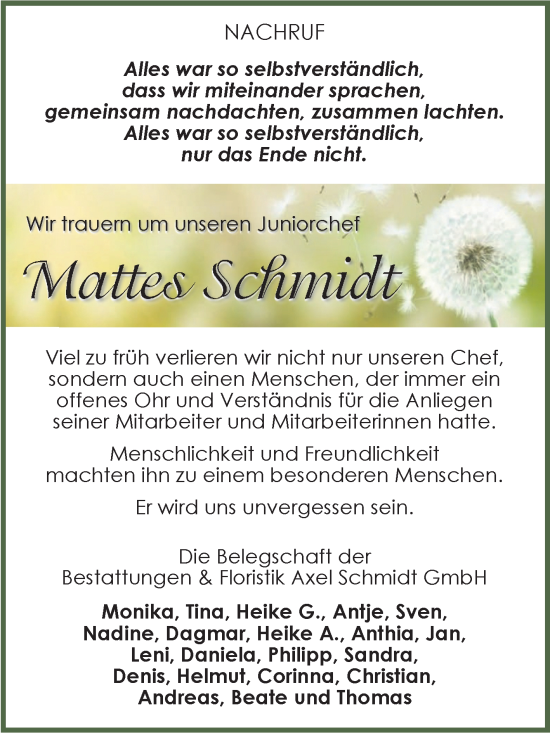 Traueranzeige von Mattes Schmidt von Super Sonntag Naumburg/Nebra