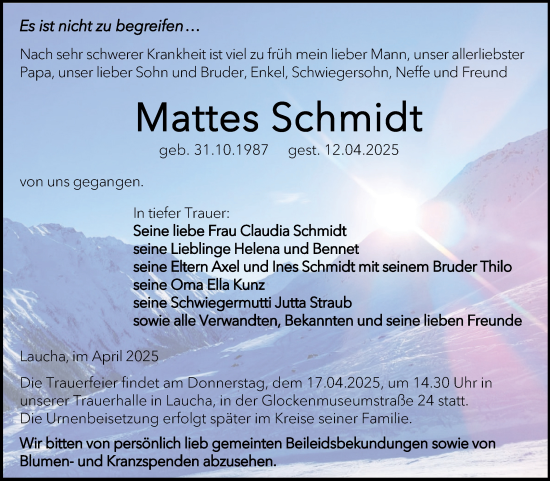 Traueranzeige von Mattes Schmidt von Mitteldeutsche Zeitung Merseburg/Querfurt
