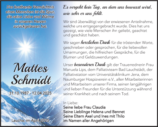 Traueranzeige von Mattes Schmidt von Naumburger Tageblatt