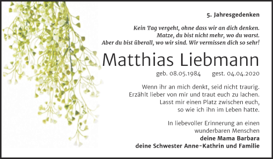 Traueranzeige von Matthias Liebmann von Trauerkombi Wittenberg