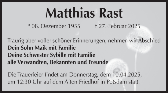 Traueranzeige von Matthias Rast von Volksstimme Oschersleben/Wanzleben