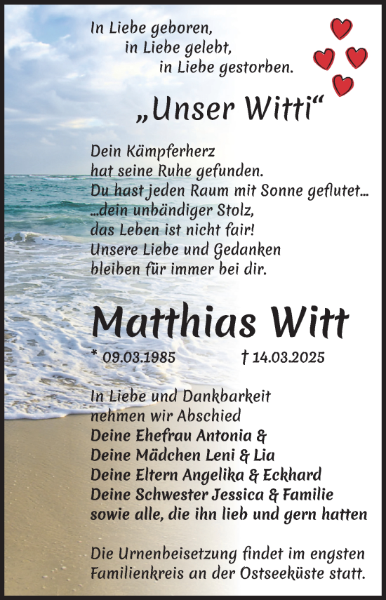 Traueranzeige von Matthias Witt von Volksstimme Altmark Ost