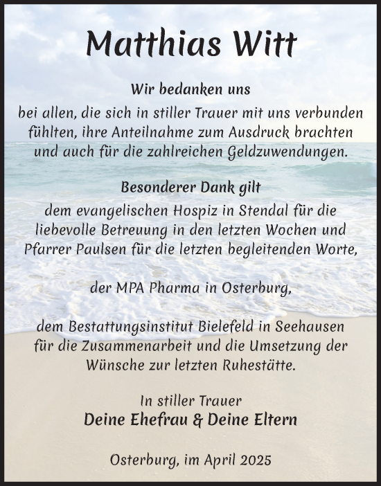 Traueranzeige von Matthias Witt von Volksstimme Altmark Ost