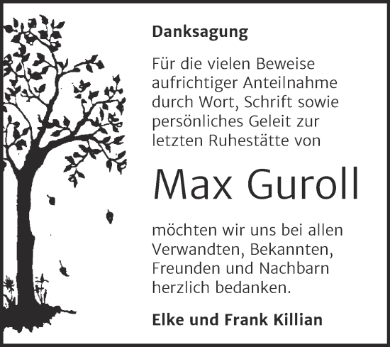 Traueranzeige von Max Guroll von Trauerkombi Wittenberg