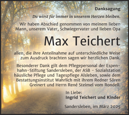 Traueranzeige von Max Teichert von Trauerkombi Mansfelder Land