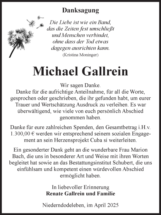 Traueranzeige von Michael Gallrein von Volksstimme Magdeburg