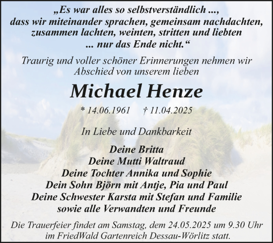 Traueranzeige von Michael Henze von Trauerkombi Dessau