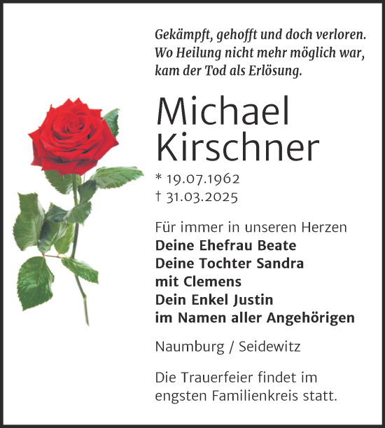 Traueranzeige von Michael Kirschner von Super Sonntag Naumburg/Nebra