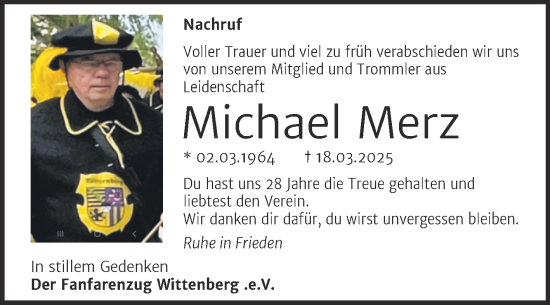 Traueranzeige von Michael Merz von Super Sonntag Wittenberg