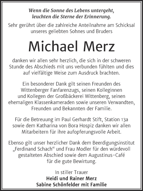 Traueranzeige von Michael Merz von Trauerkombi Wittenberg