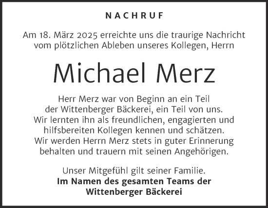 Traueranzeige von Michael Merz von Super Sonntag Wittenberg