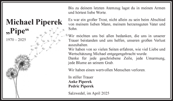 Traueranzeige von Michael Piperek von Volksstimme Altmark West