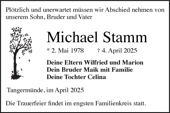 Traueranzeige von Michael Stamm von Volksstimme Altmark Ost