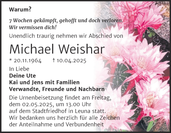 Traueranzeige von Michael Weishar von Trauerkombi Merseburg