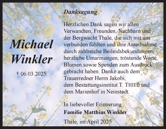 Traueranzeige von Michael Winkler von Trauerkombi Quedlinburg