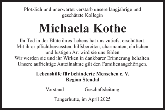 Traueranzeige von Michaela Kothe von Volksstimme Altmark Ost