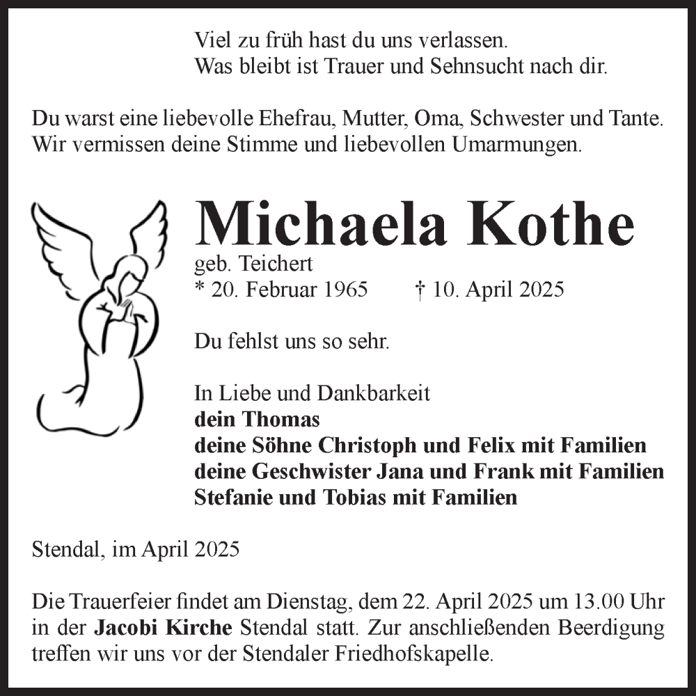  Traueranzeige für Michaela Kothe vom 17.04.2025 aus Volksstimme Altmark Ost