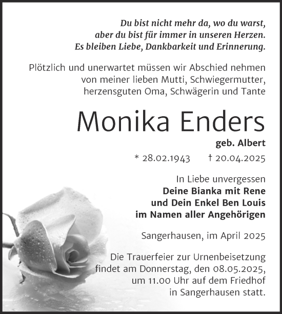 Traueranzeige von Monika Enders von Trauerkombi Sangerhausen