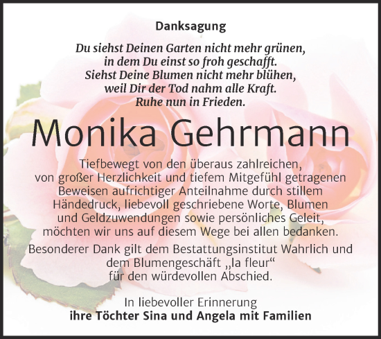 Traueranzeige von Monika Gehrmann von Trauerkombi Mansfelder Land