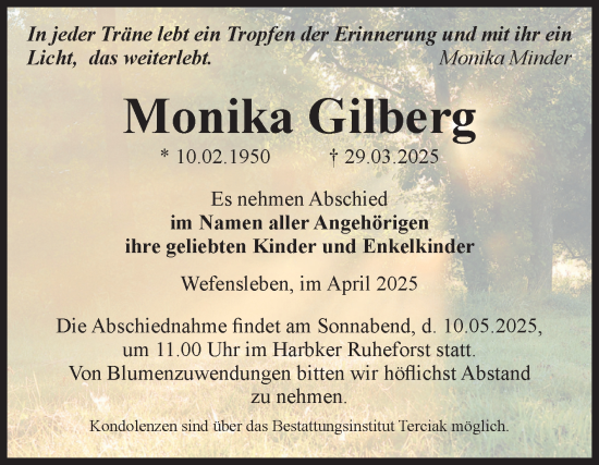 Traueranzeige von Monika Gilberg von Volksstimme Oschersleben/Wanzleben