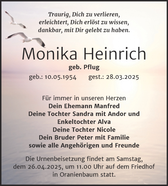 Traueranzeige von Monika Heinrich von Trauerkombi Wittenberg
