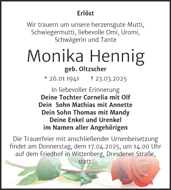 Traueranzeige von Monika Hennig von Trauerkombi Wittenberg