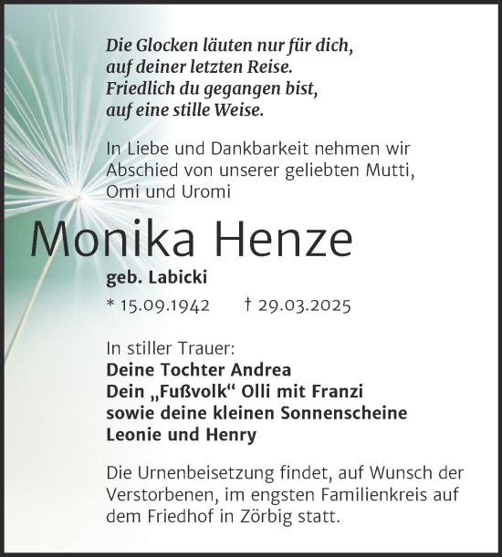 Traueranzeige von Monika Henze von Trauerkombi Bitterfeld