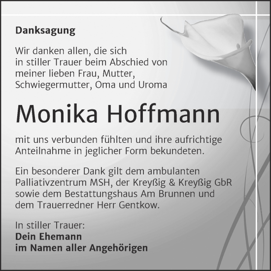 Traueranzeige von Monika Hoffmann von Trauerkombi Mansfelder Land