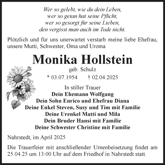 Traueranzeige von Monika Hollstein von Volksstimme Altmark Ost