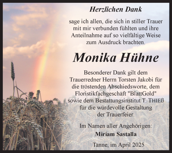 Traueranzeige von Monika Hühne von Volksstimme Wernigerode