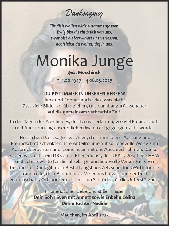 Traueranzeige von Monika Junge von Trauerkombi Weißenfels