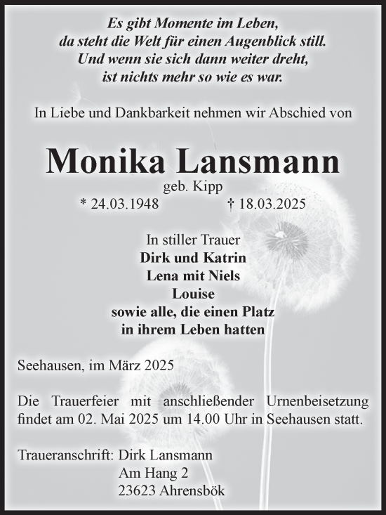 Traueranzeige von Monika Lansmann von Volksstimme Altmark Ost