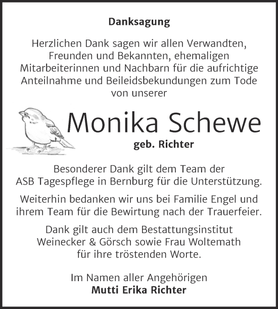 Traueranzeige von Monika Schewe von Trauerkombi Bernburg