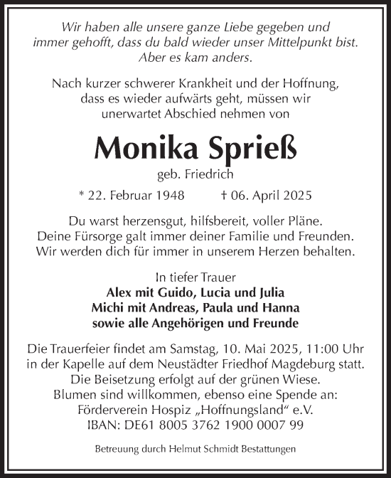 Traueranzeige von Monika Sprieß von Volksstimme Magdeburg