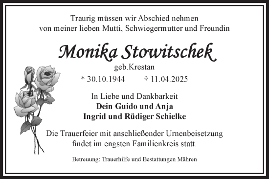 Traueranzeige von Monika Stowitschek von Volksstimme Altmark West