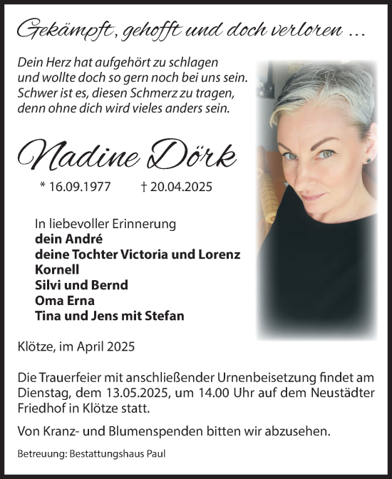Traueranzeige von Nadine Dörk von Volksstimme Altmark West