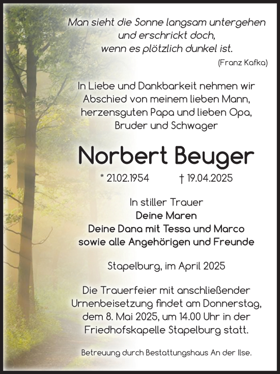 Traueranzeige von Norbert Beuger von Volksstimme Wernigerode